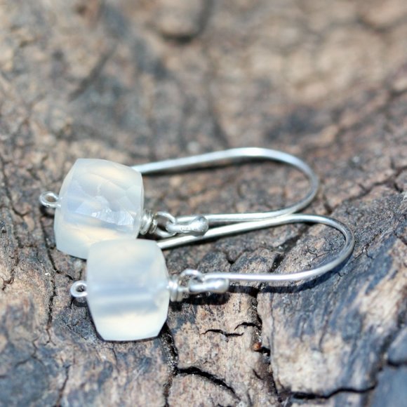 Tiny Silver Earring - Small Square Gem Earrings - White Chalcedony Earrings - - Picture 7 of 9